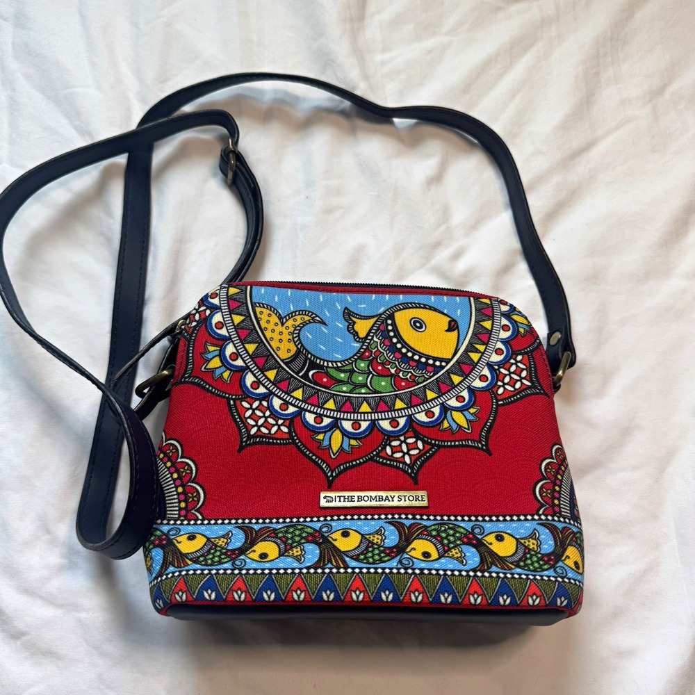 The Bombay Store Madhubani Trapeze Sling Crossbody Bag Fish Folk Art India